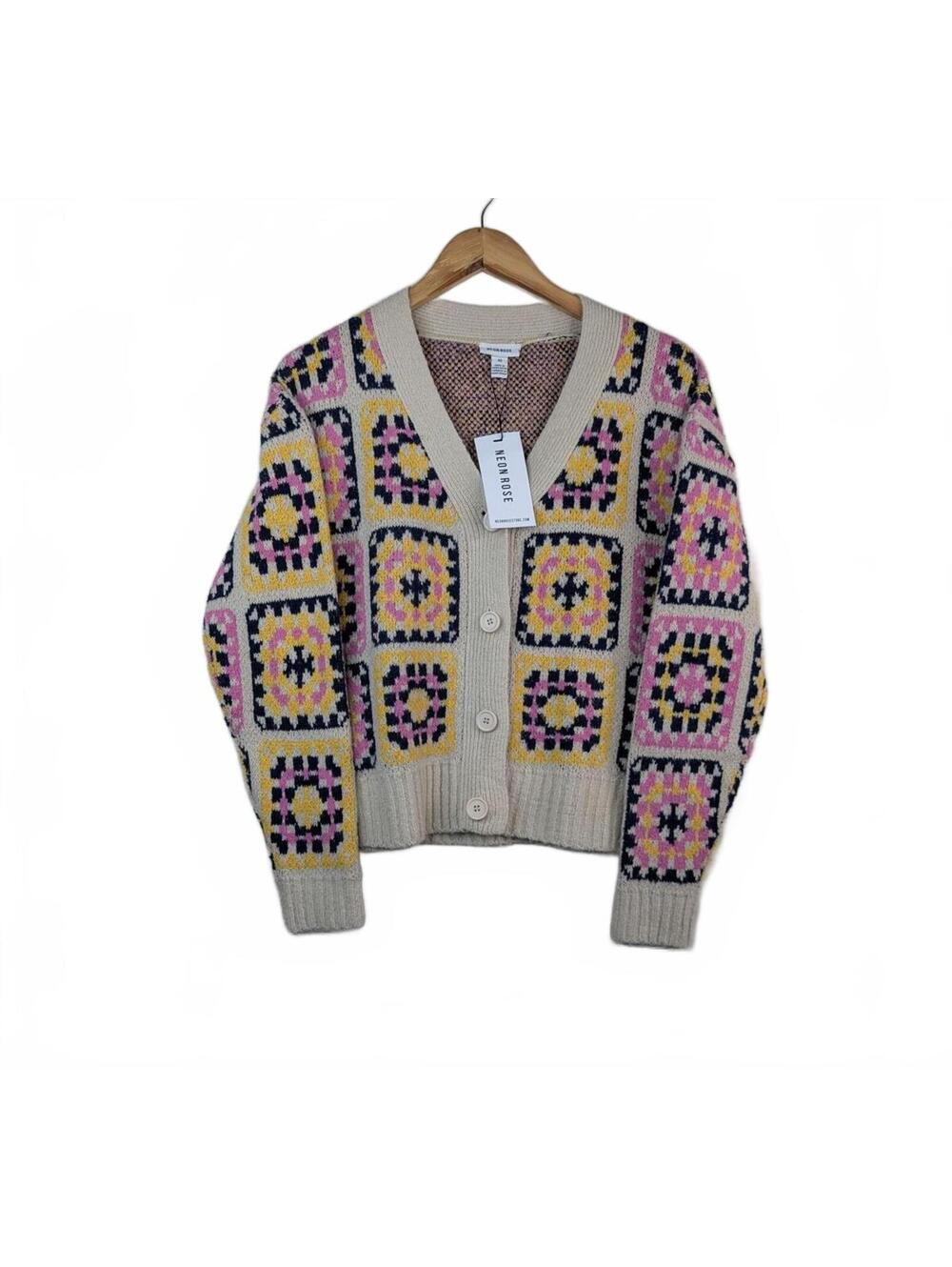 NWT Neon Rose Retro Multi-Colored Granny Square Patterned Cardigan Size XS‎